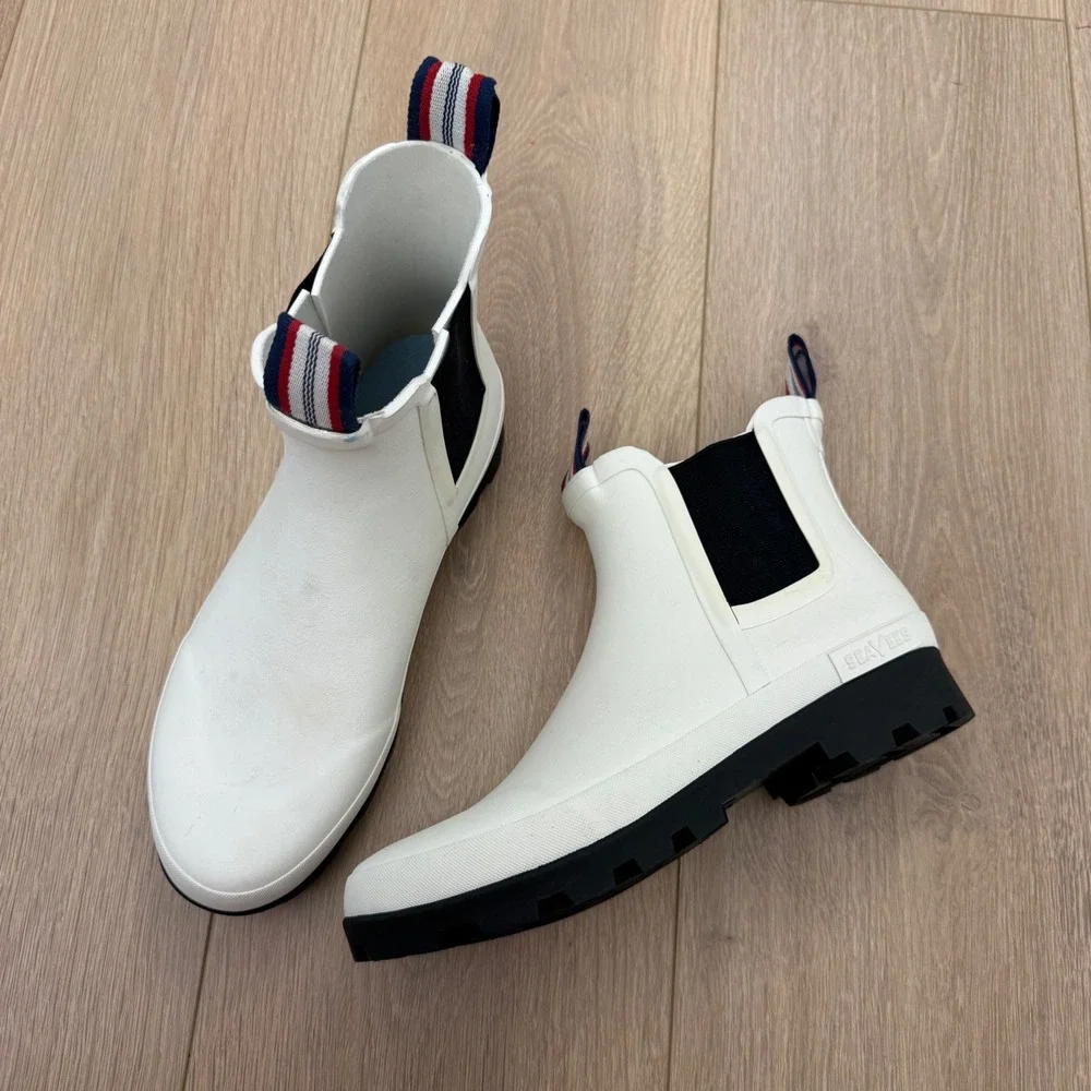 SeaVees Bolinas Off Shore Boot White Salt Rubber Rain Boots Womens 9 Chelsea Lug